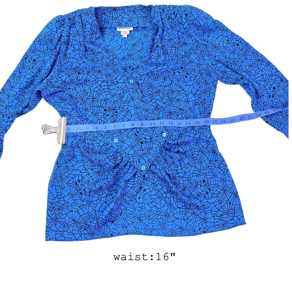 Nora Noh Vintage 90s Silk Blouse Blue Black Butterfly Geometric Print Top Size 6 - Picture 4 of 8